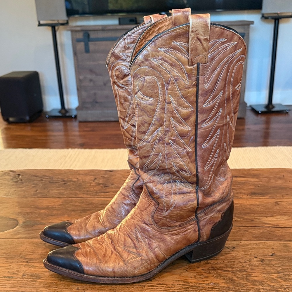 Texas Imperial Brown Golden Buckboard Vtg Handmade Leather Western Boots Size 10